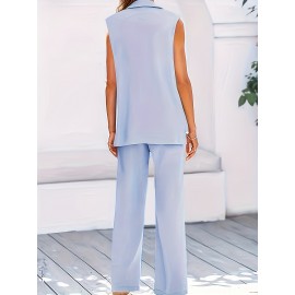 Plus Size Elegant Plain Suit Set, Single Breasted Sleeveless Vest & Straight Leg Pants Outfits, Women's Plus Size Clothing
