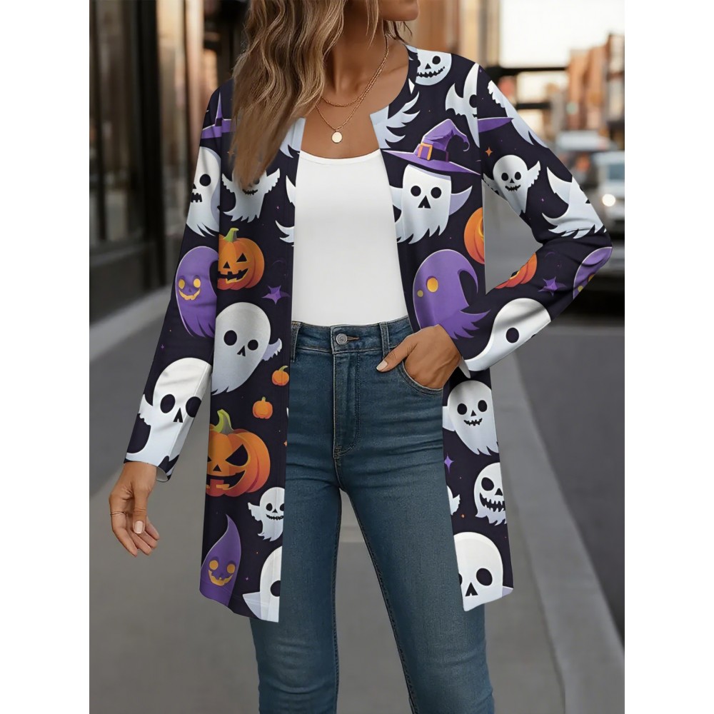 Plus Size Women'S Halloween Print Trench Coat - Spooky Ghosts Bats Pumpkins Witches Hat Design, Long Sleeve Casual Sporty Jacket, All-Season Machine Washable Outerwear for Fall Winter & Year-Round Wear, Themed Party Outfit Everyday Coat